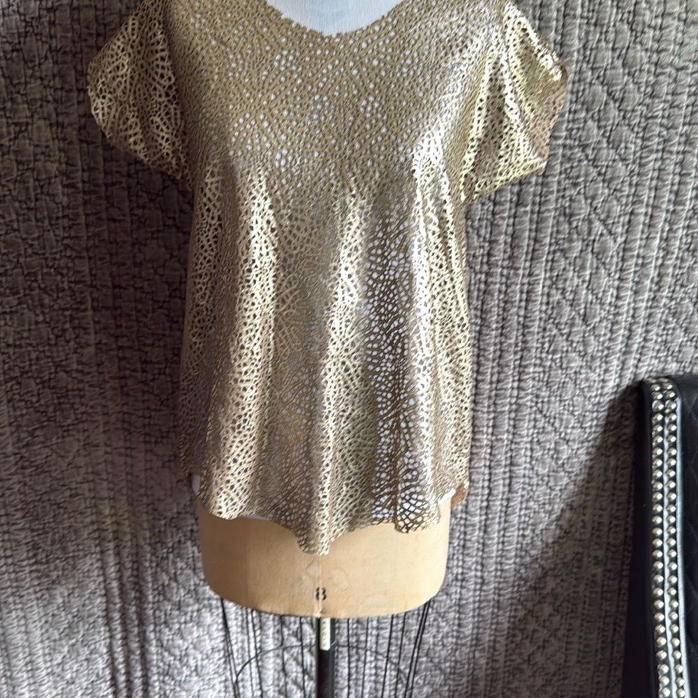 Gold Laser Cut Leather Mesh Women's Top from Elizabeth Michaels Collection